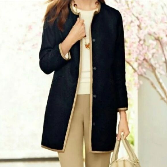 Talbots Black Trench Coat Coatigan Jacket Textured Cotton Blend Lined size 18W - Picture 2 of 14